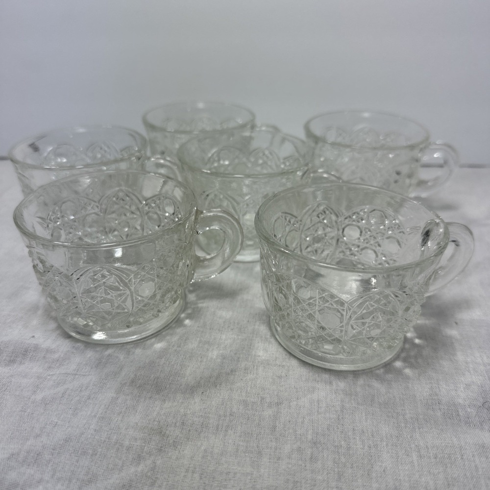 VINTAGE LE SMITH‎ GLASS PUNCH CUPS Set of 6 Diamond Cut with Handles